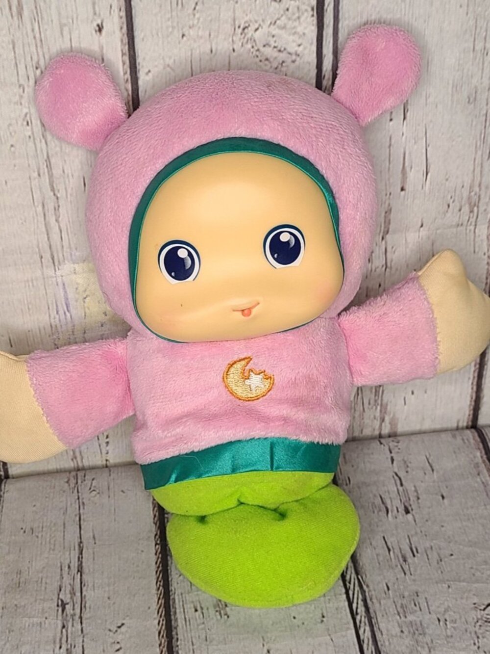10" Vtg 2017 Playskool Hasbro Green Pink Gloworm Plush Doll Toy Light Up, Works